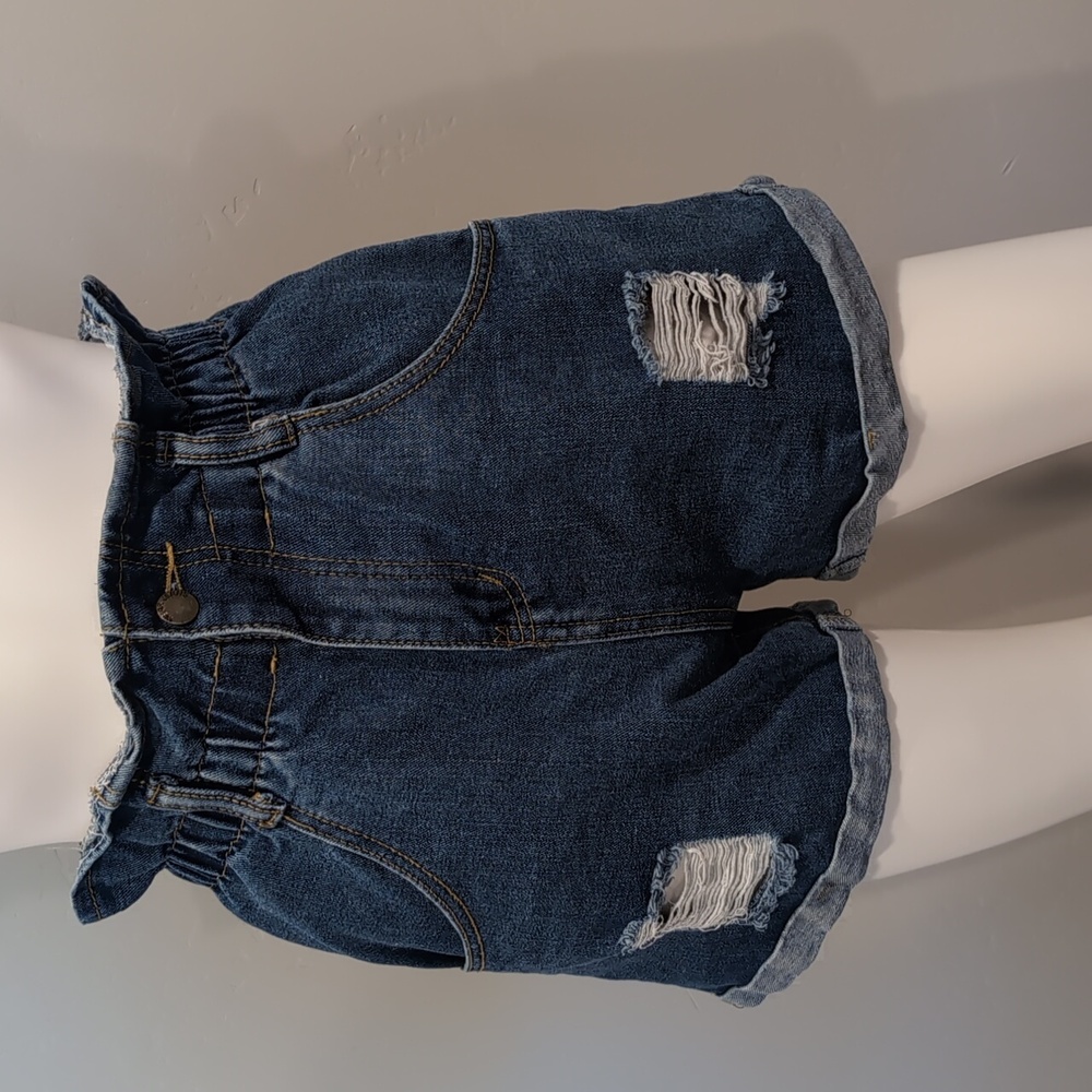 SHEIN Paperbag Waist Distressed Cuffed Hem Mid Blue Wash Mom Jean Shorts Small